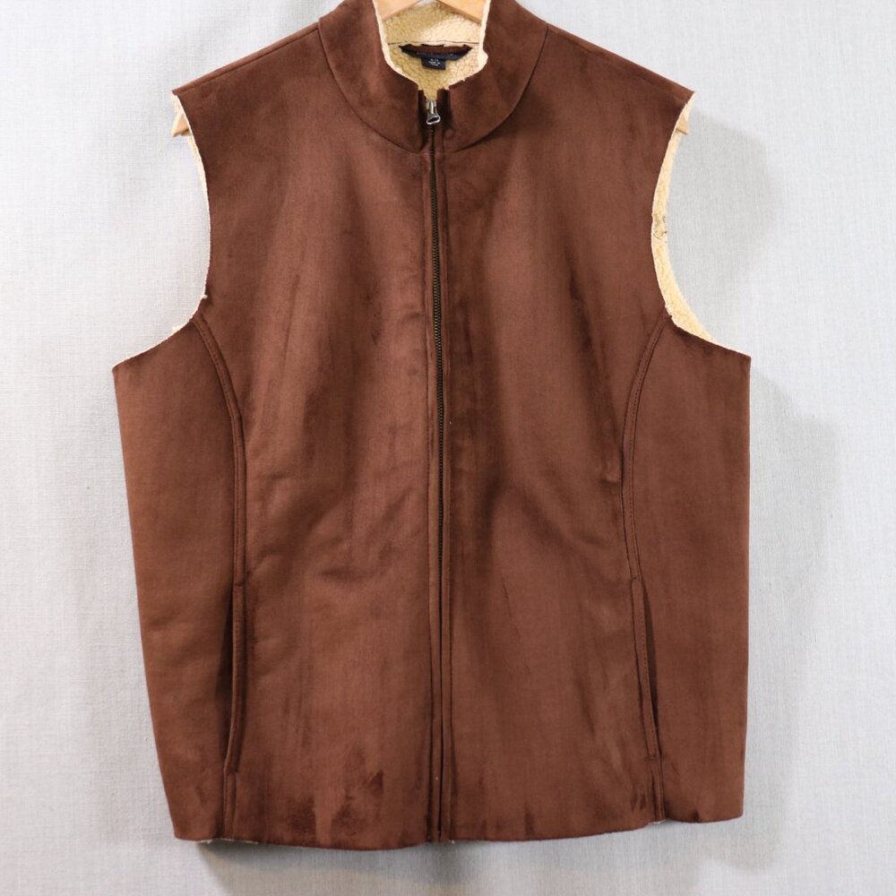 Lands End Faux Suede Sherpa Vest Women’s XL Petite 18-20 Brown Lined Full Zip - Picture 11 of 16